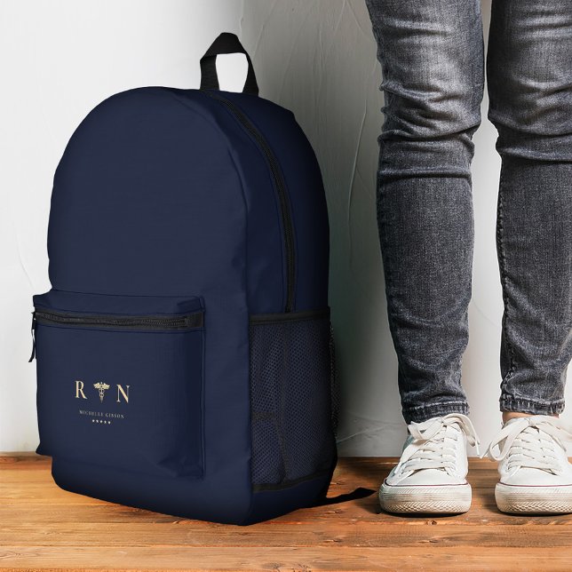 Mochila Impresa Enfermera inscrita elegante RN Monograma Blue Gold (Stylish Registered Nurse RN Monogram Blue Gold Printed Backpack
)