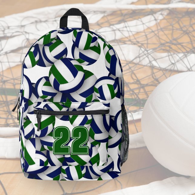 Mochila Impresa equipo de voleibol azul verde equipo de deportes (Front view: Backpack for volleyball player w blue/green team colors volleyballs & jersey number)