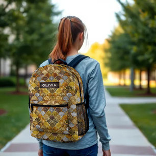 Mochila Impresa Escalas de sirena de chicles de oro elegantes