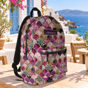 Mochila Impresa Escamas de sirena doradas rosa caliente lindas fem