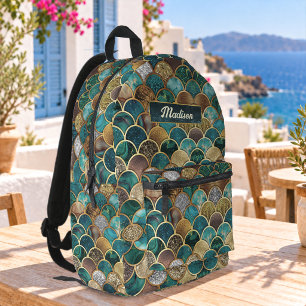 Mochila Impresa Escamas de sirena elegantes doradas turquesa verde