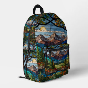 Mochila Impresa Escena montañosa de bosque vidrio teñido vintage