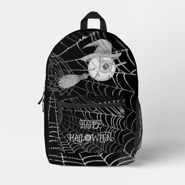 Mochila Impresa escoba de brujas de Halloween, ojo temible, telara (Anverso)