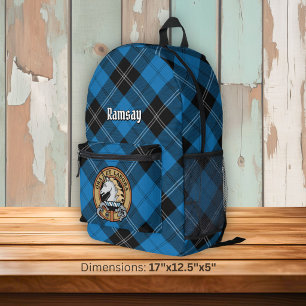 Mochila Impresa Escudo del Clan Ramsay sobre Tartán de Caza Azul