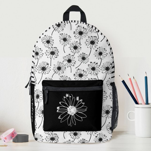 Mochila Impresa Escuela de Chicas de margarita floral blanca negra (A cute black and white daisy pattern decorates this school backpack. Personalize it for your girl.)