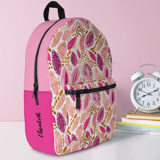 Mochila Impresa Escuela de Chicas Monograma Moderno de Oro Rosa (A pretty pink and gold abstract leaf pattern. decorates this girl's school backpack. So stylish!)
