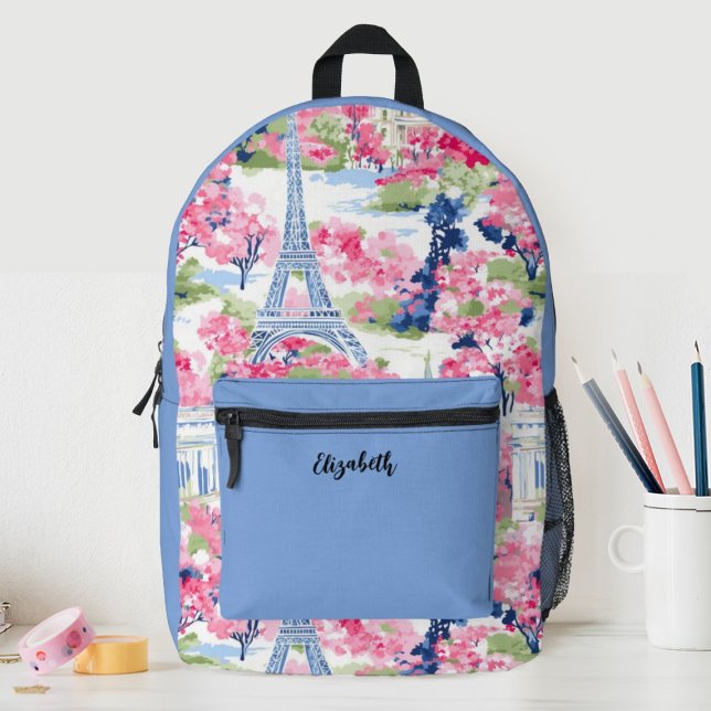 Mochila Impresa Escuela de Flores de la Torre Eiffel, Chicas (A stylish Paris Eiffel Tower themed school backpack. Great for your girls back to school supplies.)