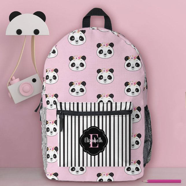 Mochila Impresa Escuela de Monograma de Oso de Panda Rosa Chica Cu (A cute panda face pattern backpack. So cute for a girl for back to school!)