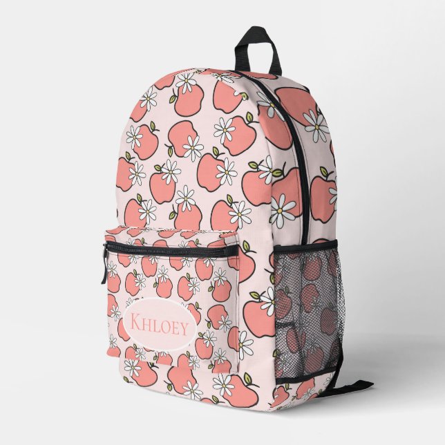 Mochila Impresa Escuela rosa de flores y Apple (Esquina derecha trasera )