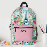 Mochila Impresa Escuelas florales de la Torre Eiffel Rosa<br><div class="desc">Una elegante y moda mochila de la escuela de chica temática París Francia. Muy divertido para volver a la escuela.</div>