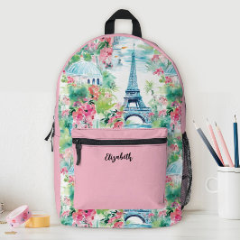 Mochila Impresa Escuelas florales de la Torre Eiffel Rosa