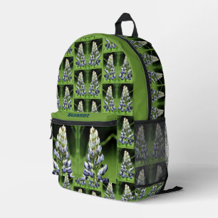 Mochila Impresa Espejo de flores de lupa púrpura salvaje personali