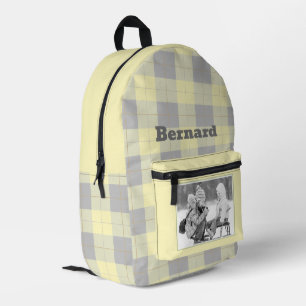 Mochila Impresa Estampado de cuadros gingham gris amarillo nombre 