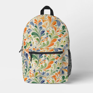 Mochila Impresa Estampado Floral Paisley Naranja Azul Verde Vintag