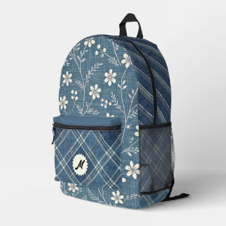 Mochila Impresa Estampado Floral Vintage de Mezclilla a Cuadros