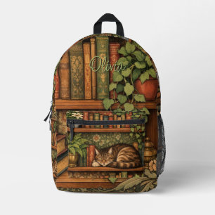 Mochila Impresa Estante de libros antiguos con gato y café