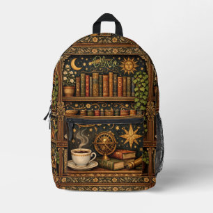 Mochila Impresa Estante de libros celestiales retro amante del caf