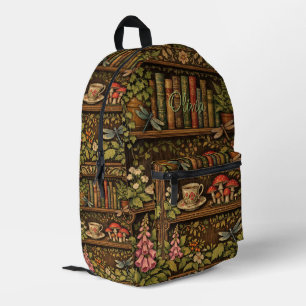 Mochila Impresa Estante de libros retro libélulas florales de café