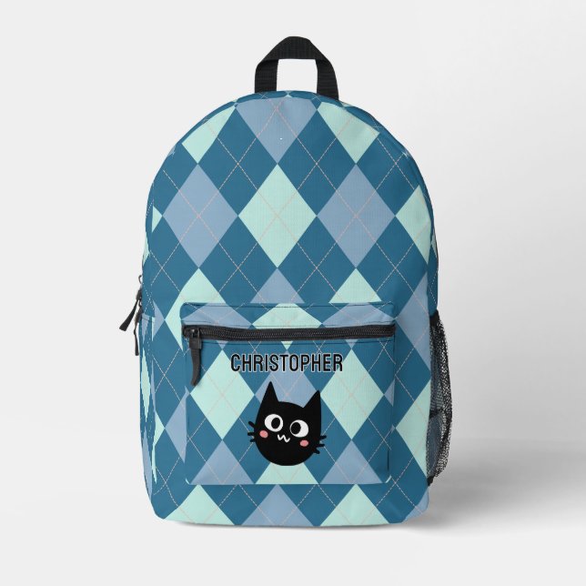 Mochila Impresa Estilo azul de gato negro personalizado (Anverso)
