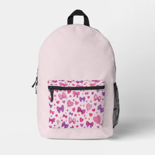Mochila Impresa Estilo Coquette Rosa Morado Lazo y Corazón Patrón
