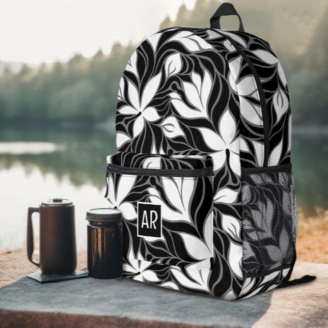 Mochila Impresa Estilo negro blanco moderno patrón floral monogram (Cool Black White Modern Floral Pattern Monogrammed Printed Backpack
)