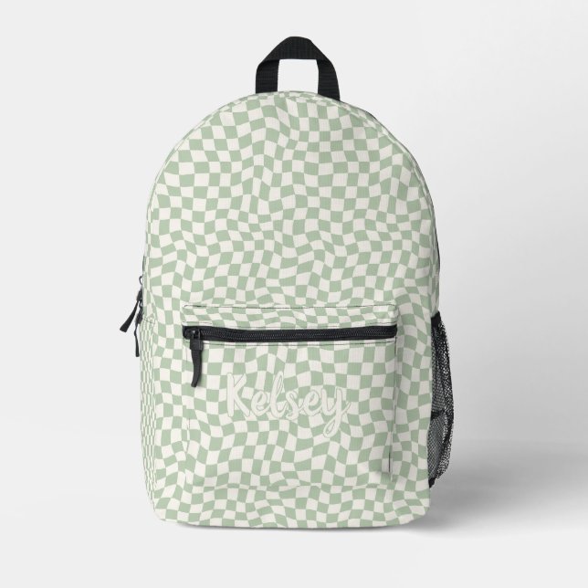 Mochila Impresa Estilo Retro Wavy Green Check Monograma Nombre (Anverso)