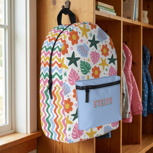 Mochila Impresa Estrella de mar retro tropical y conchas Playa gro (Personalized Backpack with Bright and Colorful Beach themed pattern)