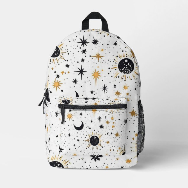 Mochila Impresa Estrellas de luna de sol celestial negro y dorado (Anverso)