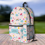 Mochila Impresa Estrellas de unicornio en el arcoiris, nombre de n<br><div class="desc">Una mochila muy divertida y linda con un arco iris, unicornio, un patrón de estrellas y el nombre de su hijo. Añadir una línea extra de texto - número de teléfono, nombre de equipo, decir, etc. - o borrar. Lo suficientemente espacioso para libros, computadora, equipo deportivo y más - o...</div>