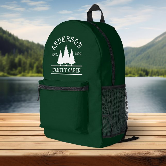 Mochila Impresa Familia Cabina Selva Verde con Pinos (Customize change text size, text style or to add text to pocket.)