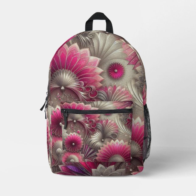 Mochila Impresa Fans de rosa y plateado Art Nouveau (Anverso)