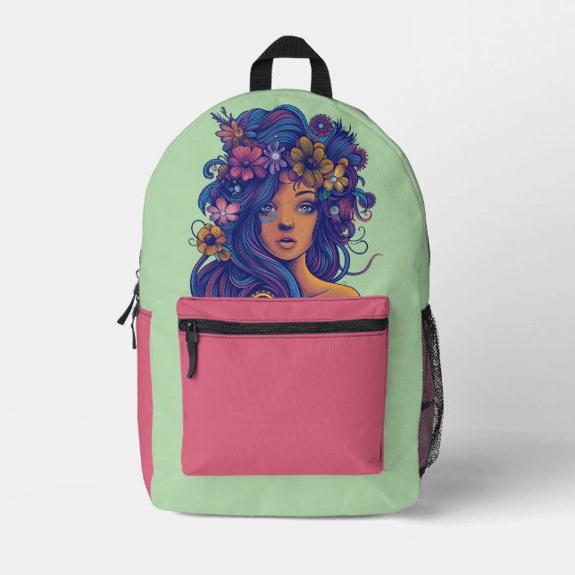 Mochila Impresa Fantasía de Boho con pelo floral (Anverso)