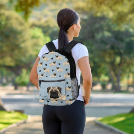 Mochila Impresa Fawn Pug Dog Mops Diseño Patrón Con Nombre Azul