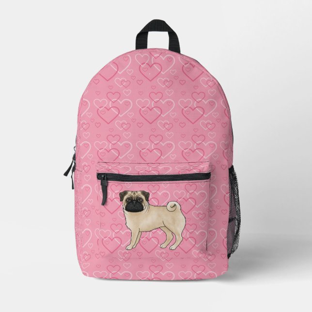 Mochila Impresa Fawn Pug Dog Personalizado Mops Pink Love Heart Pa (Anverso)