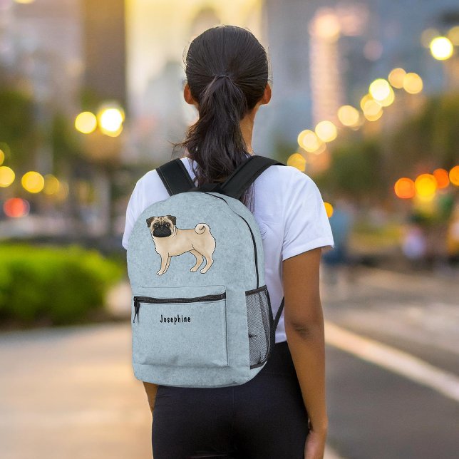 Mochila Impresa Fawn Pug Mops Diseño De Raza De Perro Con Texto Pe (Please note: This image is a digital mockup. The product may not be in scale.)