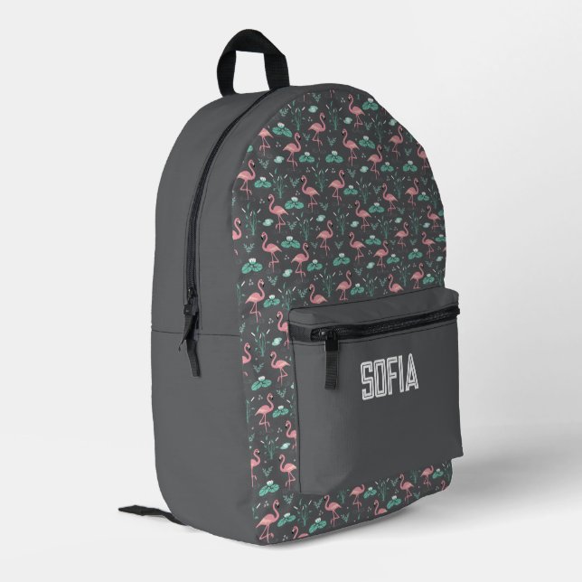 Mochila Impresa Flamingo rosa lindo nombre de patrón gris (Esquina izquierda trasera)