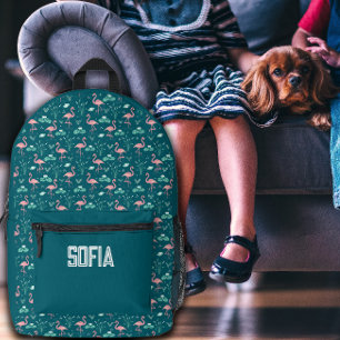 Mochila Impresa Flamingo rosa nombre patrón azul oscuro lindo