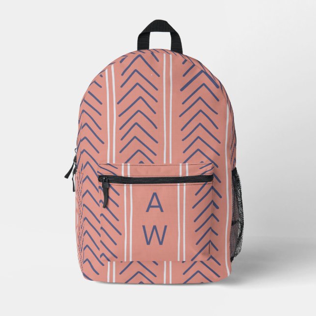 Mochila Impresa Flechas geométricas de color rosado mate monograma (Anverso)