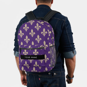 Mochila Impresa Fleur de Lis, Beige sobre Púrpura, Real, Tu Nombre