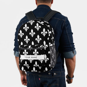 Mochila Impresa Fleur de Lis, Blanco sobre Negro, Blanco, Tu Nombr