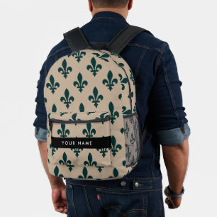 Mochila Impresa Fleur de Lis, Verde sobre Beige, Real, Tu Nombre