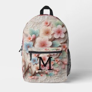 Mochila Impresa Flor de cerezo rosa pastel de encaje con monograma