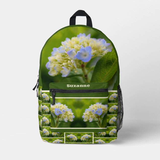 Mochila Impresa Flor de hidrangea azul de ensueño personalizada (Anverso)