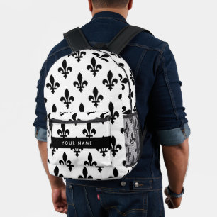 Mochila Impresa Flor de Lis, Negro sobre Blanco, Negro, Tu Nombre