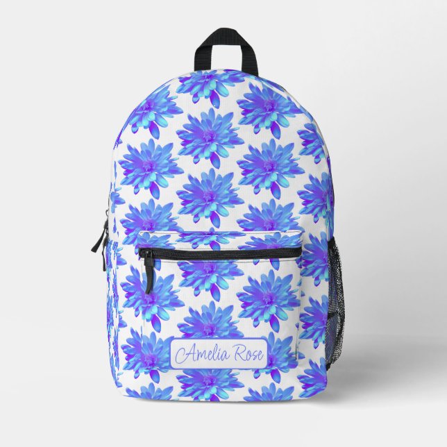Mochila Impresa Flor floral azul violeta elegante (Anverso)