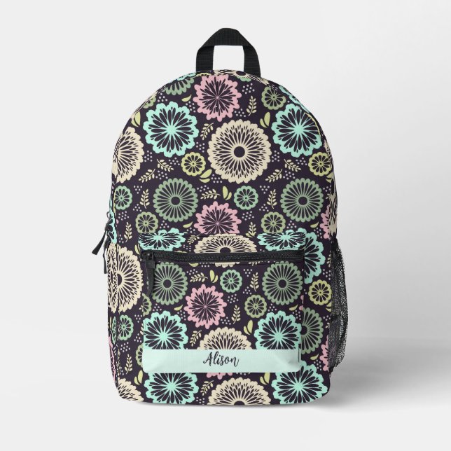 Mochila Impresa Flor verde azulada rosa pastel suave Nombre floral (Anverso)