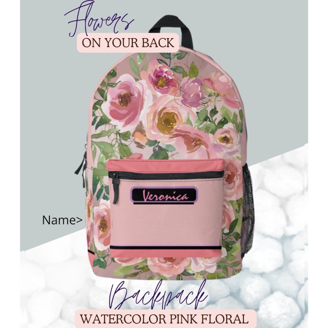 Mochila Impresa Flora rosa acuarela (Watercolor Pink Floral Printed Backpack , girly, pretty, great gift for Valentine, for school , work)