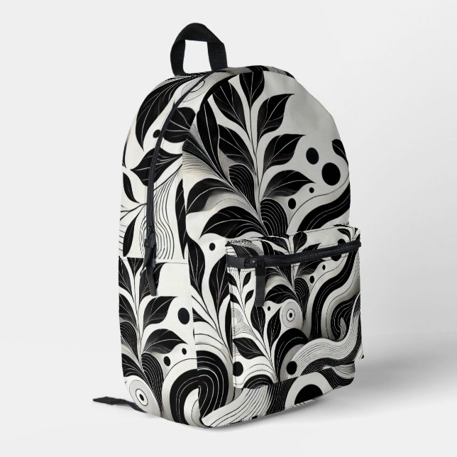 Mochila Impresa Floral abstracta moderna en blanco y negro (Esquina izquierda trasera)