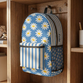 Mochila Impresa Floral Blue Daisy y Rayas Retro Personalizadas