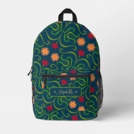 Mochila Impresa Floral Damask Sunflower Boho Navy Arte Folclórico 